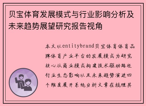 贝宝体育发展模式与行业影响分析及未来趋势展望研究报告视角